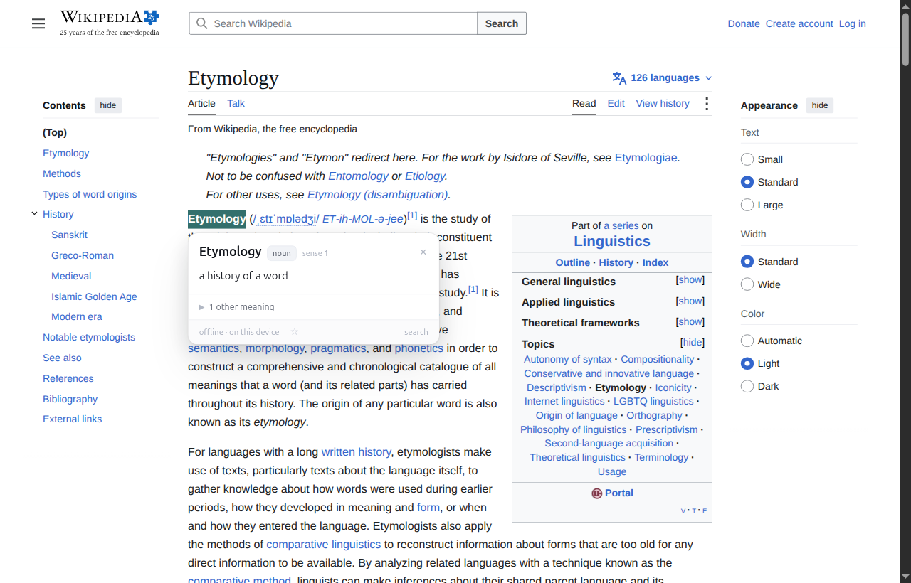 A panel on a Wikipedia article: the word Etymology, with the meaning 'a history of a word', one other meaning underneath, and a star to keep it