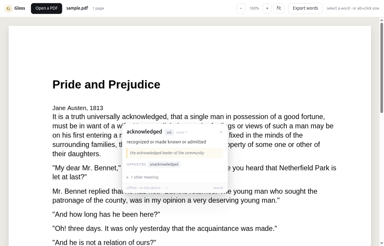 Gloss's own PDF reader: a page of Pride and Prejudice, with a word selected and the panel open beside it, and zoom controls in the bar