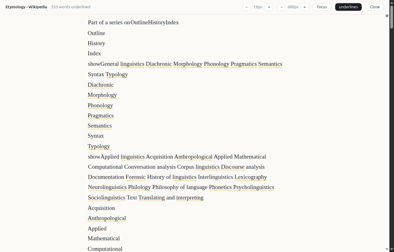 The reading mode: the page turned into a quiet column of serif text, with the rare words underlined in yellow and the controls in the bar at the top