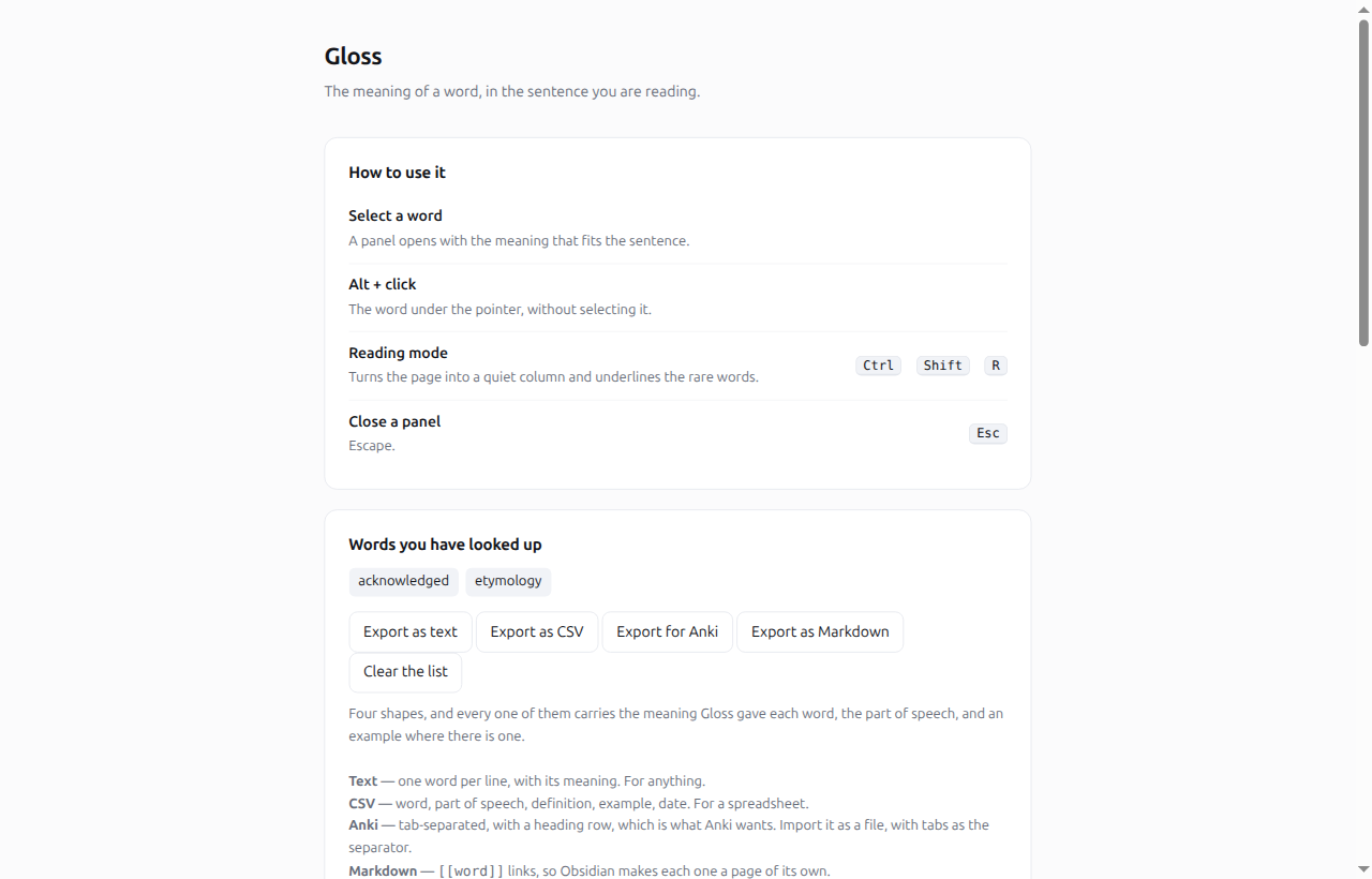 The settings page: the words you have looked up, and buttons to export them as text, CSV, an Anki file, or Markdown for Obsidian
